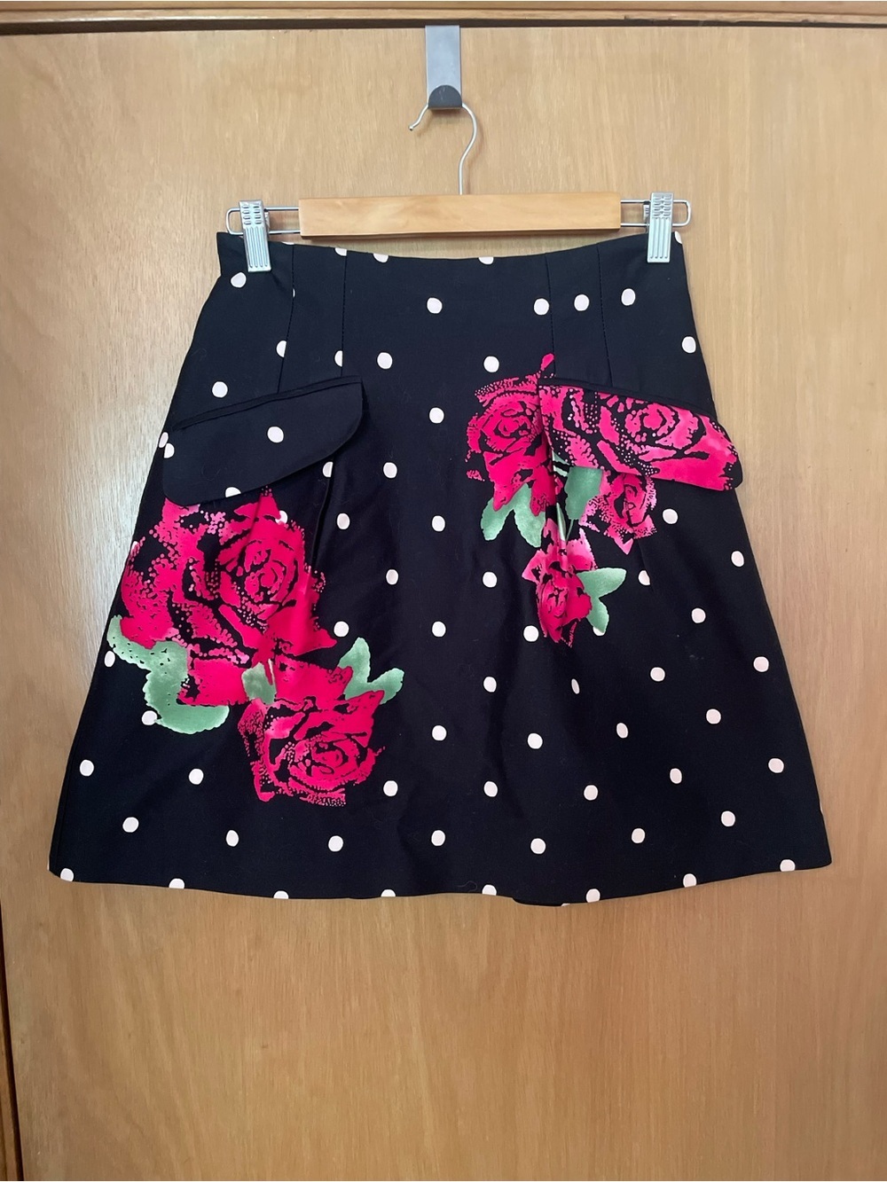 Nanette Lepore Black Polka Dot Pencil Skirt with Pink Rose Print